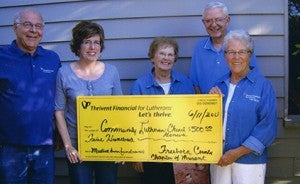 Freeborn Country Chapter of Thrivent board members Gary Hunnicutt, Jo Ann Haroldson, Neil Pierce and Nancy Ver Hey present supplemental funding of $500 from Thrivent Financial to Tammy Busho for the Community Lutheran Church Geneva Annual Meatball Dinner fundraiser held May 19. --Submitted