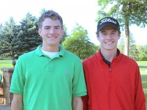 Nate Stadheim, left, the 2013 captain of the Albert Lea boys’ golf team, handed over his leadership responsibilities to the Tigers’ 2014 captain Lucas Peterson. — Submitted      