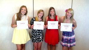 Six members of the Albert Lea girls’ golf team were presented varsity letters from Albert Lea head coach Shawn Riebe. From the left are Mady Dahl, Sam Nielsen, Cammy Tewes and Chelsea Battle. Makenna Friehl and Megan Pulley, a state tournament qualifier the Tigers’ Most Valuable Player, is not pictured. — Submitted   