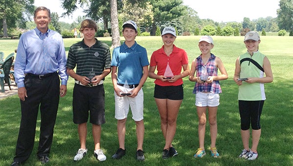 The Stadeim Jewelers Junior Classic took place Monday at Green Lea Golf Course. From left are Mark Stadheim, Brent Nafzger, Max Brick, Samantha Nielsen, Emma Loch and Emma Coburn. 21 golfers competed in the event. — Submitted