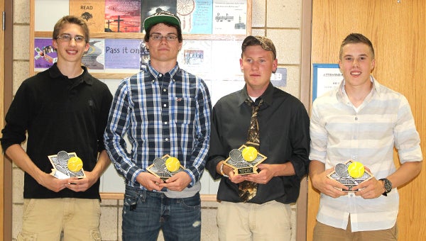 The Albert Lea boys’ varsity tennis team celebrated its’ 2013 season during its annual awards banquet. The Tigers posted a 5-7 overall record. From left are Cole Keyeski (Most Valuable Player), Josh Martin (Most Improved Player), Trevor Herfindahl (Coaches Award) and Carter Dahl (Spirit Award). — Submitted
