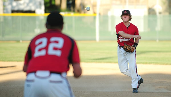 E.J. Thomas of Albert Lea/Austin tosses the ball to Zach Huntley at first base Thursday against the Rochester A's at Hayek Field in Albert Lea. Albert Lea/Austin fell 6-3. — Micah Bader/Albert Lea Tribune
