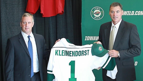 Iowa Wild general manager Jim Mill, left, welcomes the team's first head coach: Kurt Kleinendorst. — Submitted 