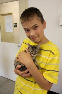 Parker Hamberg holds a kitten at the Humane Society on Tuesday. --Erin Murtaugh/Albert Lea