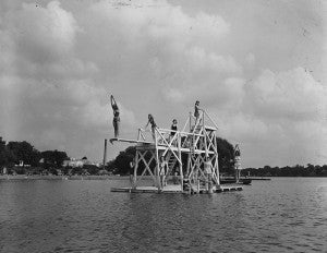 The diving tower on Fountain Lake at the swimming beach was a popular place, shown here in the 1940s. Photos courtesy the Freeborn County Historical Museum