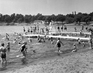 The swimming beach on Fountain Lake is  popular in all decades, shown here in 1960.