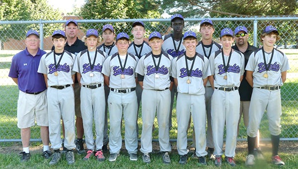 The Albert Lea 14AA Knights finished their season by taking fourth place at the Minnesota Sports Federation State Baseball Tournament in Austin July 26 to 28. Front row from left are Taylor Heavner, Nathan Wallace, Jared Schmidt, Cody Ball, Parker Smith, Sean Brownlow, Blake Simon. Back row from left are managers Steve Brownlow and John Ball, Garret Thompson, Jack Buendorf, Dedoch Chan, Dawson Luttrell and manager Delaney Luttrell. — Submitted