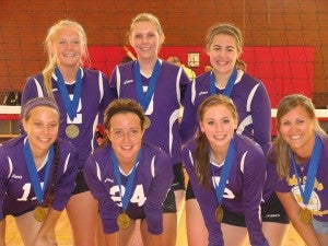A group of six girls from the Lake Mills high school volleyball team earned championship medals from the Summer Iowa Volleyball Games at Iowa State University in Ames, Iowa. Front row from left are Kelcey Srp, Kelsea Heintzman, Katlyn Eidness and coach Jenna Eidness. Back row from left are Morgan Christenson, Brooke Hagen and Madison Schifflet. — Submitted