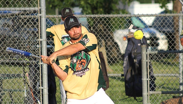 David Nystom of Moose Merchants, a member of the Albert Lea Parks and Recreation men’s softball league, swings the bat Thursday against Innovance/Combat at Snyder Fields. — Micah Bader/Albert Lea Tribune