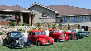 Six owners of classic cars parked outside of Wedgewood Cove Golf Club on Friday to publicize Cruise to the Cove, an event slated for 4 to 8 p.m. Thursday. From left are Jon Paske of Albert Lea with a 1934 Ford Coupe, James Love of Albert Lea with a 1940 Ford Coupe, Gene Flaskerud of Hayward with a 1933 Chevrolet, Bob Olson of Albert Lea with a 1932 Ford Roadster, Gene Hansen of Albert Lea with a 1969 Plymouth Road Runner convertible and Don Blake of Albert Lea with a 1956 Chevrolet Bel Air Sport Coupe. Blake said the gathering is open to owners of classic cars and specialty vehicles, as well as fans of automobiles. There will be 1950s and ’60s music by Megaforce. Cruise to the Cove is hosted by The Old Car Company of Southern Minnesota.