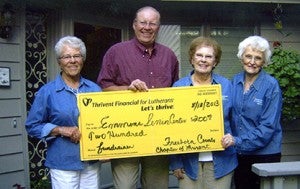 The Freeborn County chapter of Thrivent board members Nancy Ver Hey, Jo Ann Haroldson and Joyce Fredin present a $200 supplemental funding check from Thrivent Financial for Lutherans to Dave Olson of the Emmons Senior Center for their fundraiser on June 29.  --Submitted