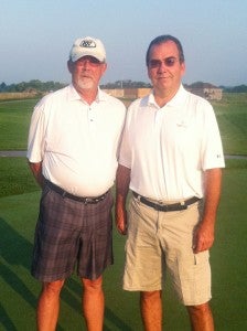 In the senior flight at the Wedgewood Cove Club Championship on Aug. 24, golfer Terry Peterson, left, earned first place, and Wayne Thompson took second. — Submitted       