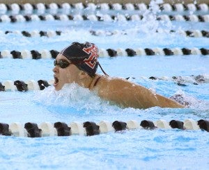 Albert Lea's Carly Nelson swims in the 100-yard butterfly Tuesday. — Drew Claussen/Albert Lea Tribune 