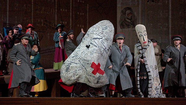 A scene of Shostakovich’s “The Nose” with the title character (actor Frank Colardo). --Ken Howard/Metropolitan Opera