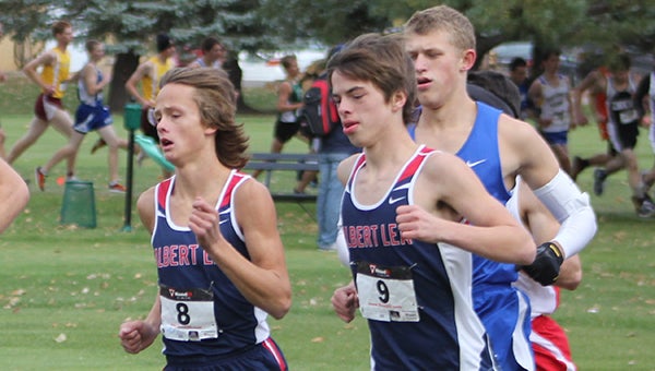 Jackson Goodell, left, and Caleb Troe of Albert Lea run Thursday at the Section 1AA cross country meet at Owatonna. — Lon Nelson/For the Albert Lea Tribune