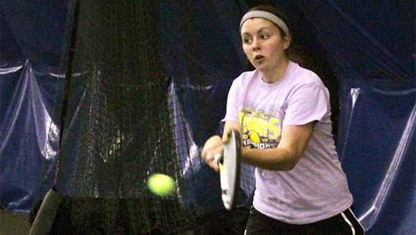 United South Central's Claire Christian plays in the 2013 State Girls Tennis Tournament Class A Singles division Thursday morning at the Reed-Sweatt Family Tennis Center in Minneapolis. — Drew Claussen/Albert Lea Tribune