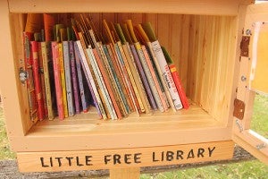 Books are stocked into a Little Free Library at 806 Lincoln Ave. in Albert Lea.