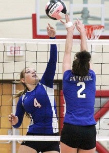 Jasmine Schmidt, a senior outside hitter for Northwood-Kensett, attempts to tip the ball over the net Tuesday against Rockford at Newman Catholic High School in Mason City in the Class 1A, Region 5 quarterfinals. The Vikings lost 3-1. — Micah Bader/Albert Lea Tribune
