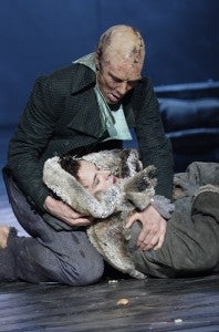 The Creature, played by Benedict Cumberbatch, and Victor Frankenstein, played by Jonny Lee Miller. 