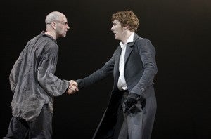 Johnny Lee Miller, left, and Benedict Cumberbatch share the stage at London’s National Theatre. --Photo by Catherine Ashmore