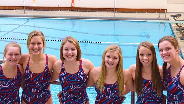 Six sophomores from the Albert Lea girls’ swimming team were recognized by the Big Nine Conference. From left are Haley Simon, All-Conference; Anna Andersen, All-Conference; Ahnika Jensen, All-Conference; Samantha Nielsen, All-Conference honorable mention; Bailey Sandon, All-Conference; and Lindsey Horejsi, All-Conference. The head coach of the Albert Lea girls’ swimming team is Jon Schmitz. — Submitted