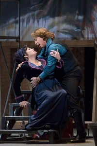 Patricia Racette as the title character and Roberto Alagna as Cavaradossi in a scene from Act I of “Tosca.”  --Marty Sohl/Metropolitan Opera