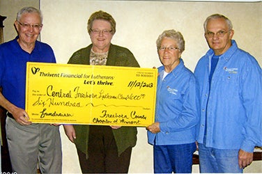 The Freeborn County chapter of Thrivent board members Neil Pierce, Nancy Ver Hey and Mervile Boettcher presented a $600 supplemental funding check to Mary Ann Atchinson, chairperson of a fundraiser for Central Freeborn Lutheran Church held on Sept. 30.