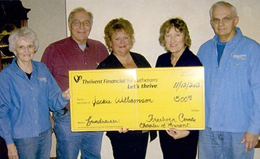 The Freeborn County chapter of Thrivent board members Joyce Fredin, Gary Hunnicutt and Mervile Boettcher presented a $500 supplemental funding check from Thrivent Financial for Lutherans to Susie Paul, chairperson of fundraiser, and Jackie Williamson, recipient of a fundraiser held on Sept. 28.