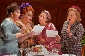 Angela Meade as Alice, Stephanie Blythe as Mrs. Quickly, Lisette Oropesa as Nannetta, and Jennifer Johnson Cano as Meg Page in Verdi’s “Falstaff.”  --Ken Howard