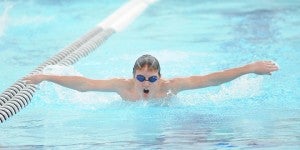 Aaron Zogg swims in the Tiger Relays on Saturday at Albert Lea High School. — Drew Claussen/Albert Lea Tribune 