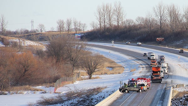 A crash at the north end of the southbound Interstate 35 bridge over Albert Lea Lake on Tuesday morning backed up traffic temporarily. -- Tim Engstrom/Albert Lea Tribune
