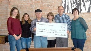 Youth for Christ received a $1,600 check of supplemental funding from the Albert Lea chapter of Thrivent Financial for Lutherans for its recent See the Story fundraising event. From left: Youth for Christ German interns Miriam Brockhaus and Marita Lehmann, Larry Trampel from Thrivent, and Robin Gudal, Greg Gudal and Mandy Dikerson, all from Youth for Christ. --Submitted
