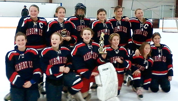 The Albert Lea U12B girls’ hockey team won the consolation championship last Sunday in a three-day tournament at Waseca with a 4-0 victory over Hopkins/Park. Front row from left are Katie Steven, Kylie Sundve, Sky Anderson, Ally Thompson, Lexci Abrego and Sydney Collins. Back row from left are Ally Stanek, Hannah Johnson, Ana Hernandez, Riley Hanson, Daysha Luttrell and Adi Malakowsky. Rylee Bjorklund and Ana Zimmerman are not pictured. — Submitted