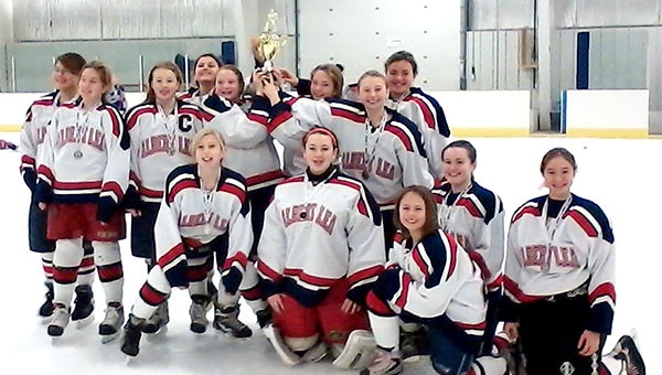 The Albert Lea U12 girls’ hockey team won its home tournament on Jan. 5. Front row from left are Rylee Bjorklund, Sky Anderson, Alexcia Abrego, Katie Steven and Sydney Collins. Back row from left are Anna Hernandez, Ally Thompson, Kylie Sundve, Riley Hanson, Ally Stanek, Hannah Johnson, Adison Malakowsky and Daysha Luttrell. — Submitted