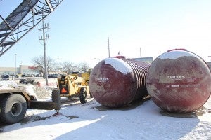 Two gas tanks sit on the site of the new Hy-Vee Gas station. The tanks should be put into the ground this week. 
