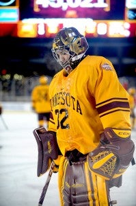 Adam Wilcox of Minnesota skates to the goal after a timeout Friday against Ohio State during the Hockey City Classic at TCF Bank Stadium in Minneapolis. — Micah Bader/Albert Lea Tribune       