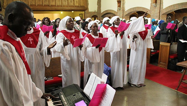 South Sudanese sing Saturday morning at First Presbyterian Church in Albert Lea. --Tim Engstrom/Albert Lea Tribune