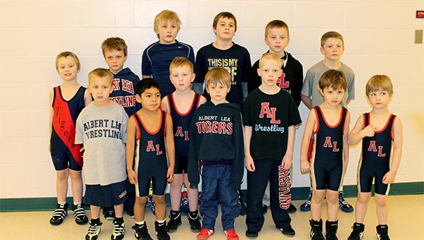 The Albert Lea youth wrestling team competed Jan. 18 at a tournament in St. Clair. Tournament champs were Will Smith, Michael Olson, Blake Braun, Cole Glazier and Cameron Davis. The Tigers finished third out of five teams with 126 points. Front row from left are Griffyn Richards, Mikael Cortez, Jacob Luoma, Logan Davis, Olson, Ashton Thompson and Easton Lunning. Back row from left are Gavin Thompson, Braun, Smith, Josiah Hedenstein, Glazier and Davis. — Submitted