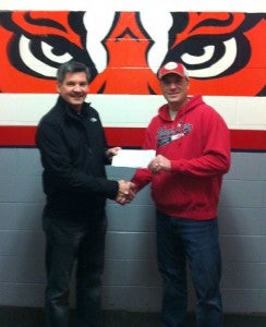 Mayo Clinic Health System recently donated $1,500 to the Albert Lea Hockey Association. Funds are used to offset expenses such as ice hours, coaches and referees. The donations support the more than 250 youth in the program and keeps hockey fees as one of the lowest in the state. Pictured are Dr. Timothy Kozelsky, left, and Matt Stay, Albert Lea Hockey Association vice president. --Submitted