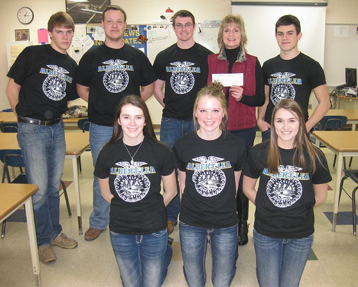 Albert Lea FFA recently received a $500 donation from the Maple Island Association. From left are Brianna Opdahl, Taylor Willis and Brooke Rye. Back from left are Riley Ruble, Dustin Mattson, Dustin Viktora, Jodi Adams and Justin Viktora. --Submitted