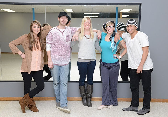 Echo Step instructors Trisha Wayne, co-owners Dustin Boyer and Jessica Johnson, Holly Page and Kevin Sarmiento stand in the studio which opened on Feb. 3. Other instructors teaching in the studio will be Amber McCornack, Sherry Jensen, Jasmine Estarda and Marcie Sailor. -- Brandi Hagen/Albert Lea Tribune