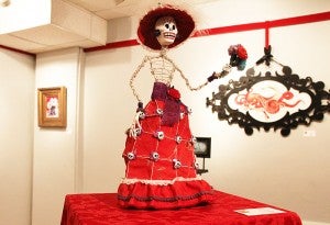 The skeleton is one of the exhibits in the “50 Shades of Red” exhibit at the Albert Lea Art Center. -- Tiffany Krupke/Albert Lea Tribune