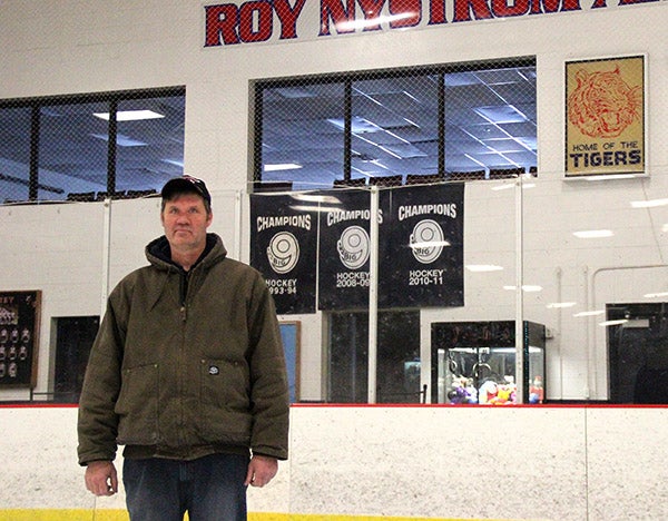 Albert Lea City Arena manager Bob Furland stands on the ice at Roy Nystrom Arena Friday afternoon. --Drew Claussen