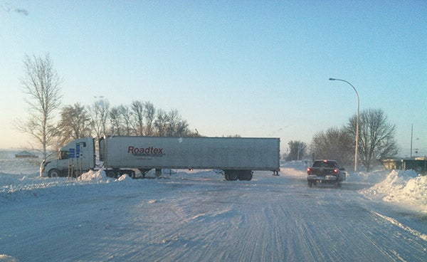 A reader in Alden sent us this photo of a semitrailer blocking Minnesota Highway 109’s intersection with Interstate 90. The roads were especially slippery Friday morning following the blizzard and the Department of Transportation was advising against travel, yet truckers drove anyway. Roads could be much safer if truckers were allowed more grace time for weather and were under less pressure to venture despite blizzards and other lousy weather conditions. --Submitted