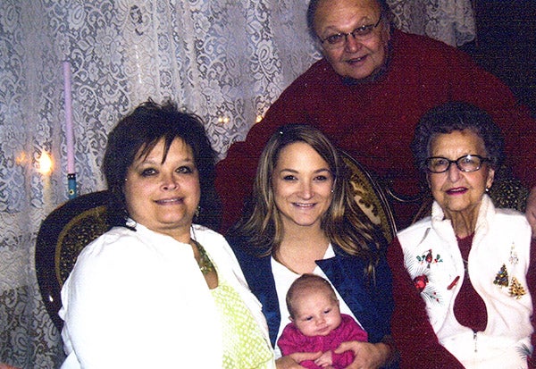 Five generations of a family pose for a photo. From left, Angie Langerud, grandma, Amanda Barkeim, mom, Adeline Barkeim, baby, Larry Olson, great-grandpa, and Verona Thorson, great-great grandma, make up the five generations. --Submitted