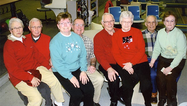 The Valentine Sweetheart Tournament was Feb. 12 at Holiday Lanes. From left are first-place finishers Elaine and Don Ehrich, second-place finishers Vivian Freeman and Doug Riskdahl, third-place finishers Kendall and Lila Johnson and fourth-place finishers Harold Haugh and Bev Twito. — Submitted