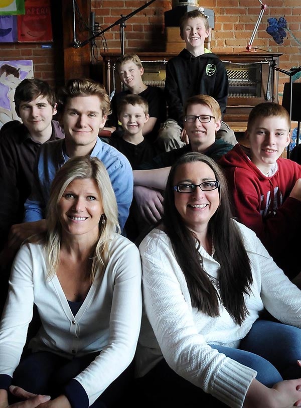Jen True, left, read an article in The Mankato Free Press about Heather Sandland needing a kidney and decided to give her one. Both are healthy and happy today. They're shown here with their children and nephews including: True's sons Tanner Meihak and Tyler Meihak, and Sandland's sons Ezra and Noah Sandland. The little guy in the middle is Avery True. Above Avery is his big brother Nova. Finally, Isaac. --John Cross/Mankato Free Press
