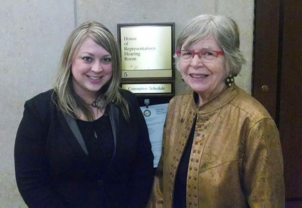 Lakes Foundation President Laura Lunde stands with District 27A Rep. Shannon Savick Tuesday at the Minnesota Capitol where she and others testified for the extension of Albert Lea's half-cent local options sales tax. – Submitted