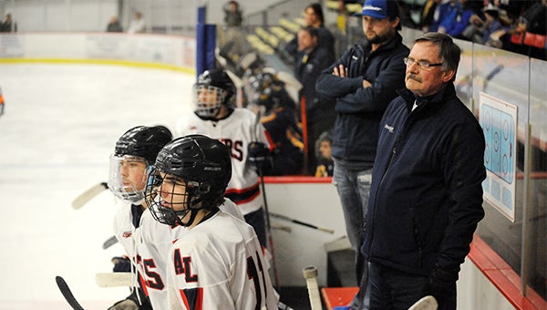 Albert Lea boys’ hockey head coach Roy Nystrom, left, and assistant coach Adam Royce watch a game on Feb. 18 against Waseca in the first round of the Section 1A tournament at Albert Lea City Arena. The Tigers finished the season with a 15-11-1 overall record. — Micah Bader/Albert Lea Tribune