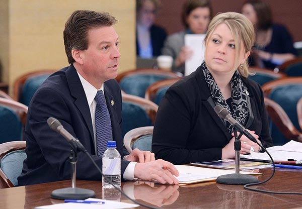 District 27 Sen. Dan Sparks, left, and Lakes Foundation President Laura Lunde speak in front of a Senate committee this week about extending Albert Lea’s half-cent local-option sales tax another five years. Lunde and other local officials have lobbied in both the House and Senate for the extension. Money from the tax goes to support projects of the Shell Rock River Watershed District. – Submitted